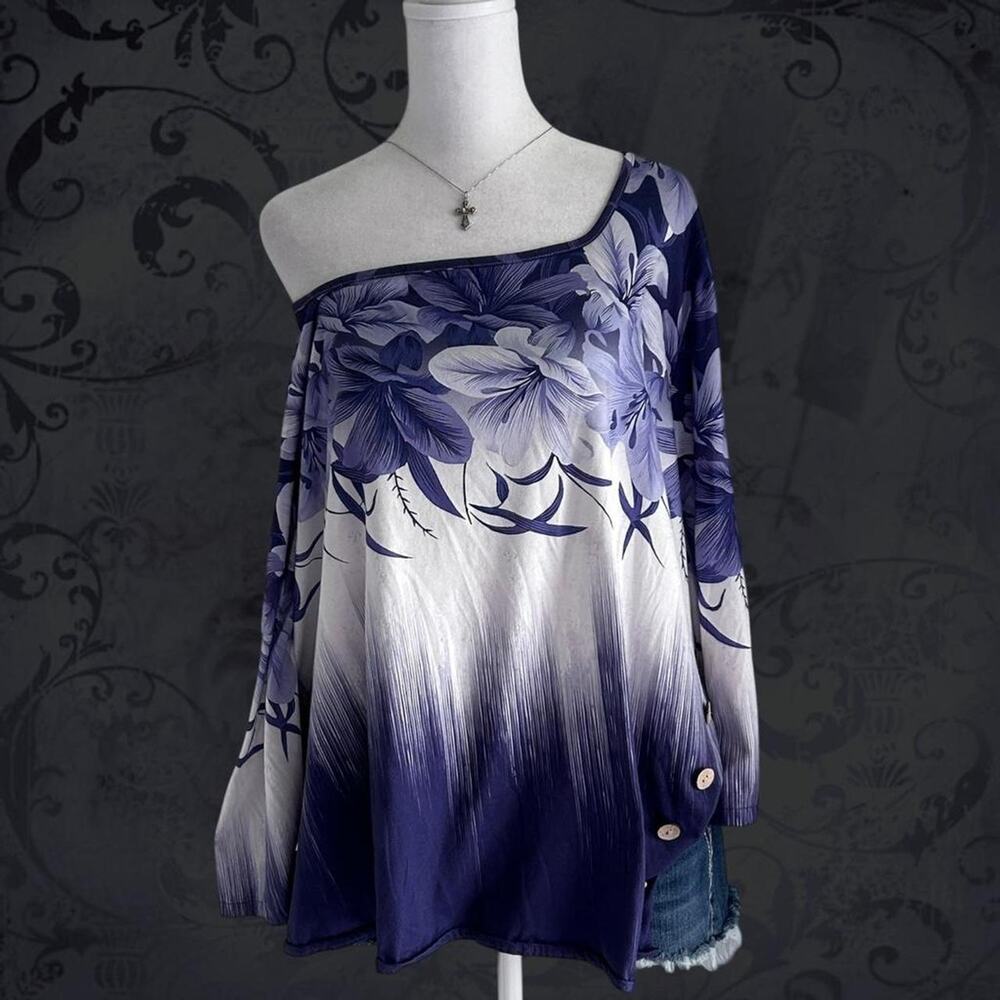 bateau neckline purple white ombré fade oversized watercolor floral boho top
